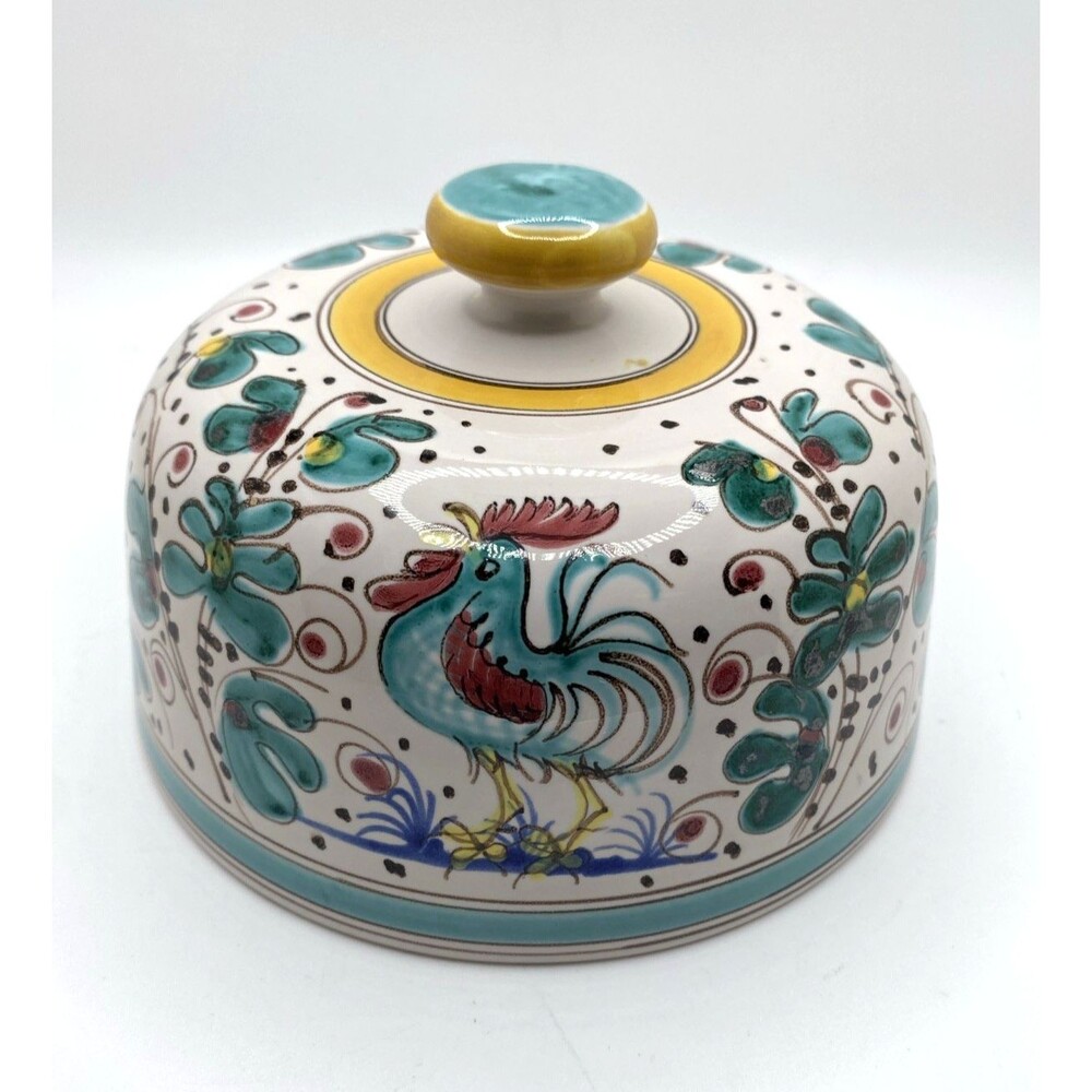 VTG Deruta Pottery Ceramic Butter Lid Cloche Green Rooster Hand Painted Italy